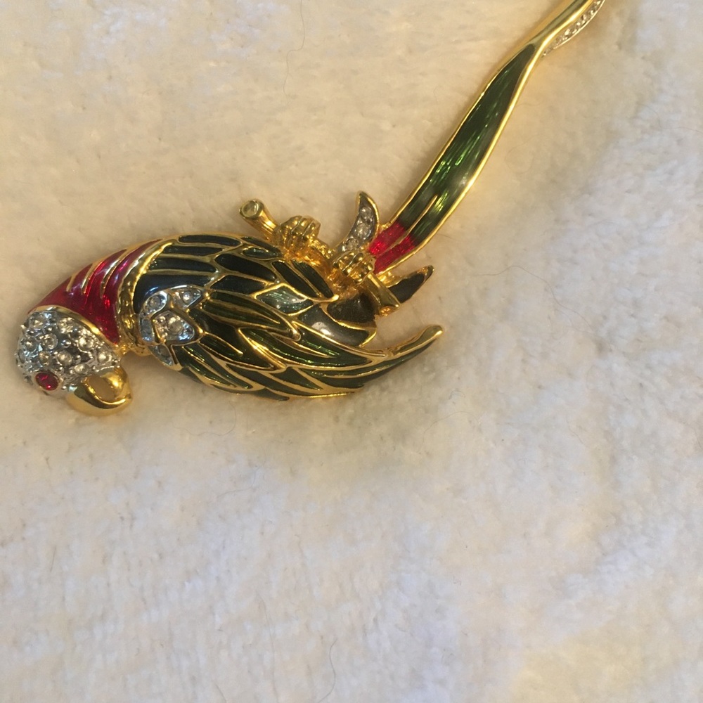 Brooch. green and red enamel and crystals. Approx 2” long.